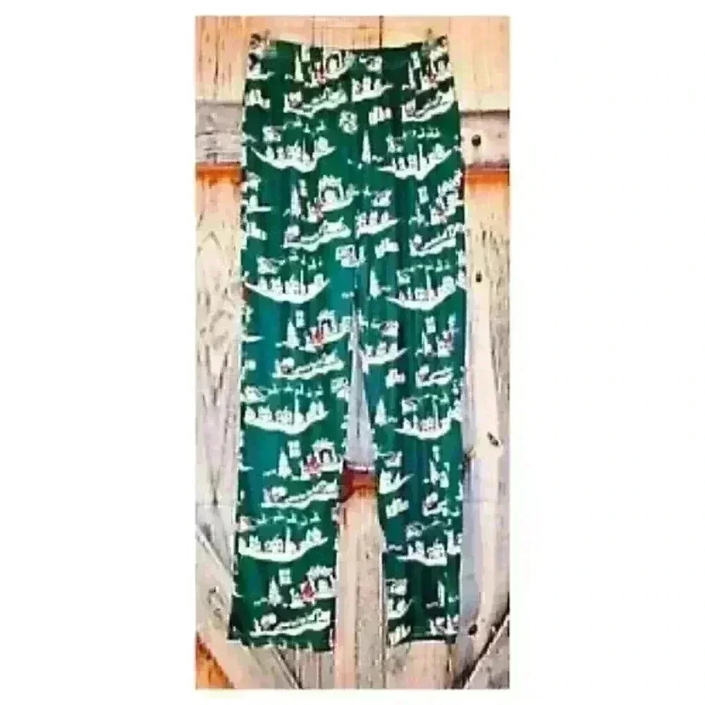 UNISEX Holiday GREEN with SANTA Lounging PJ Pants LIGHTWEIGHT Stretch size Lg
